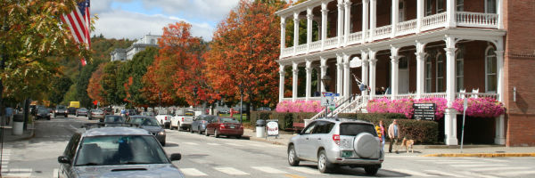 View of the Pavilion Building and State Street in Montpelier.